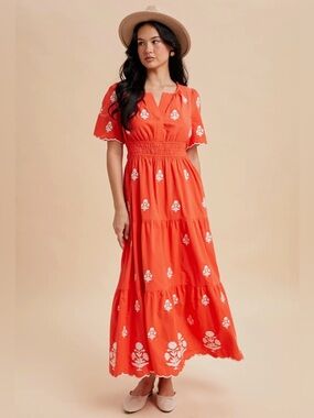 Urban Outfitters Red NWT Notched Collar Embroidered Maxi Dress v neck w’ pockets
